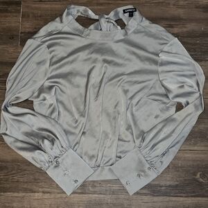 Express Pale Green Satin Blouse Large Cutout Back Long Sleeve Top